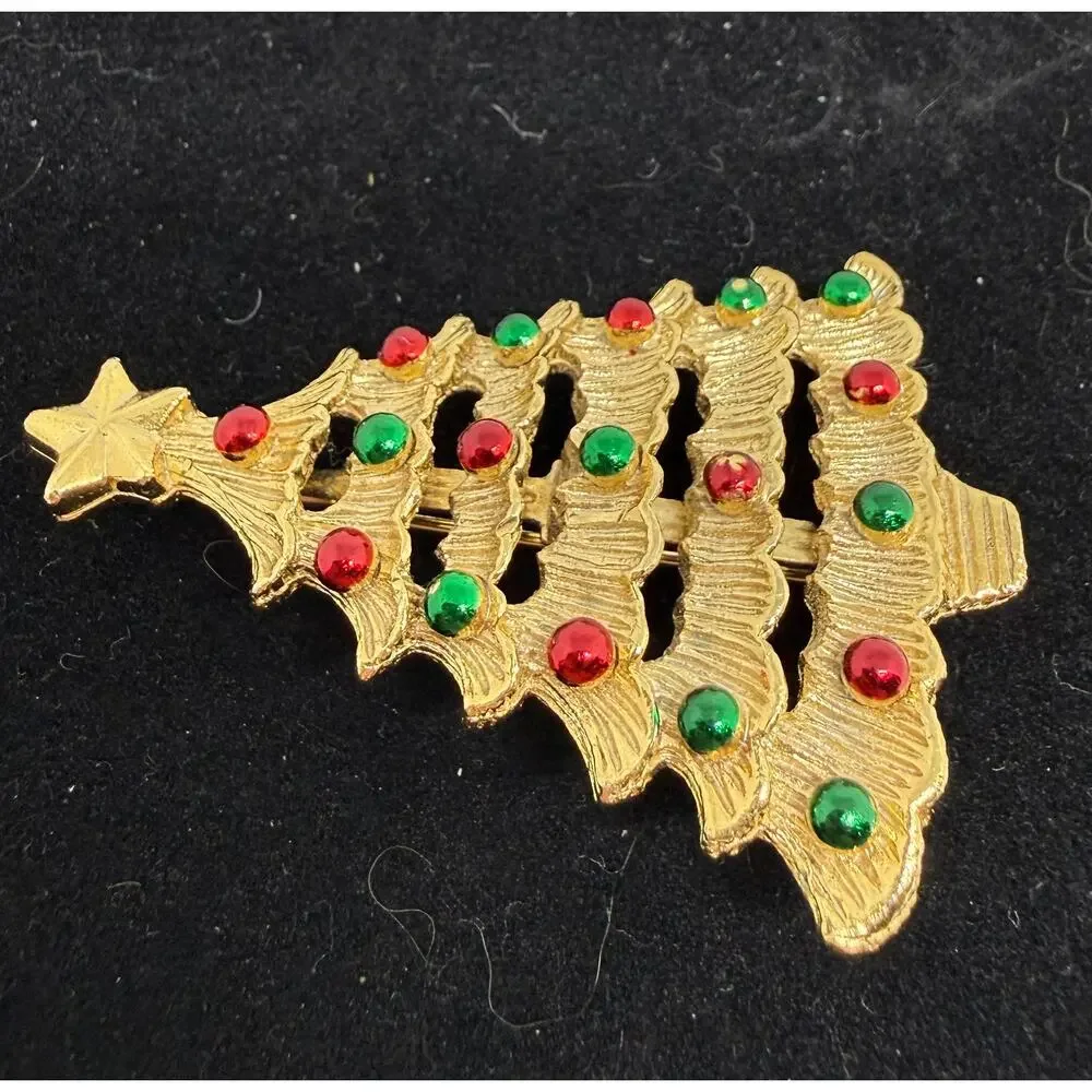 VINTAGE Gerry's Christmas Tree Brooch Signed Gold Tone Red Green Rhinestone Pins